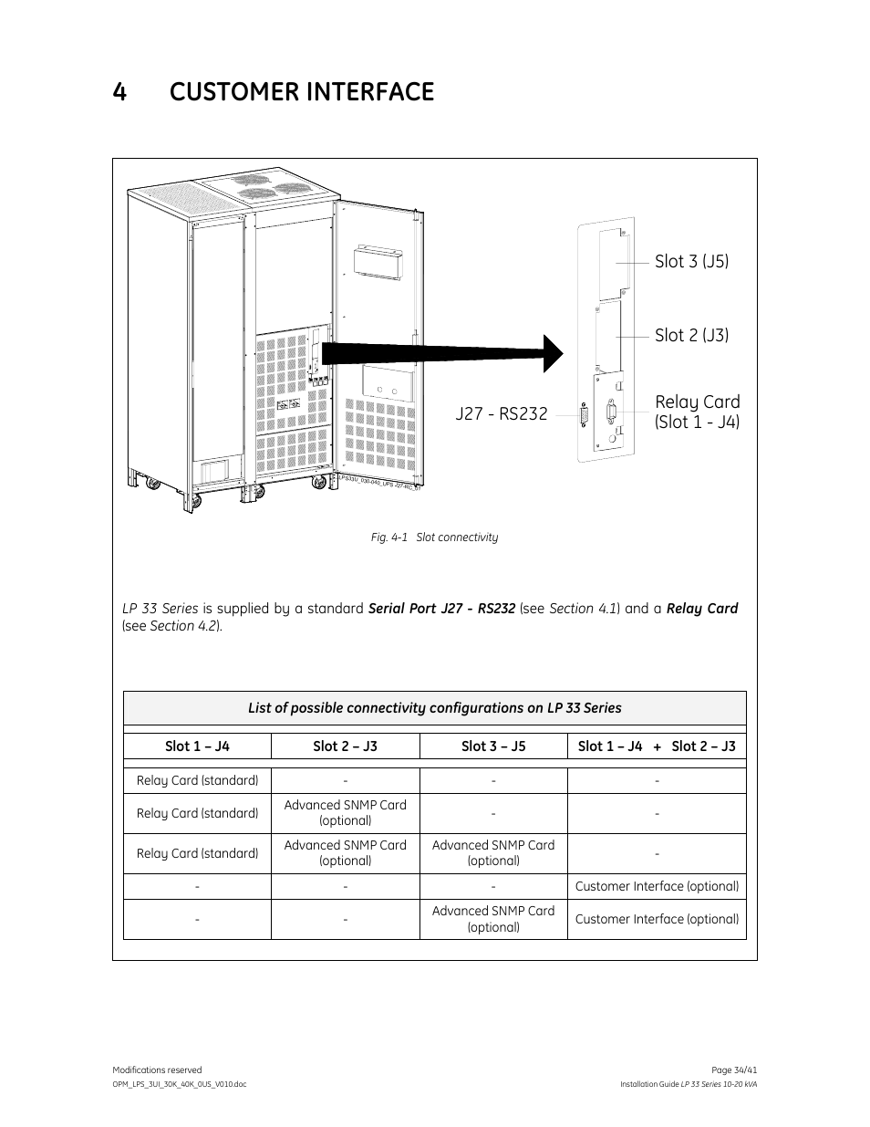 4 customer interface | GE Industrial Solutions LP 33 Series 30 & 40 kVA Installation Guide User Manual | Page 34 / 41
