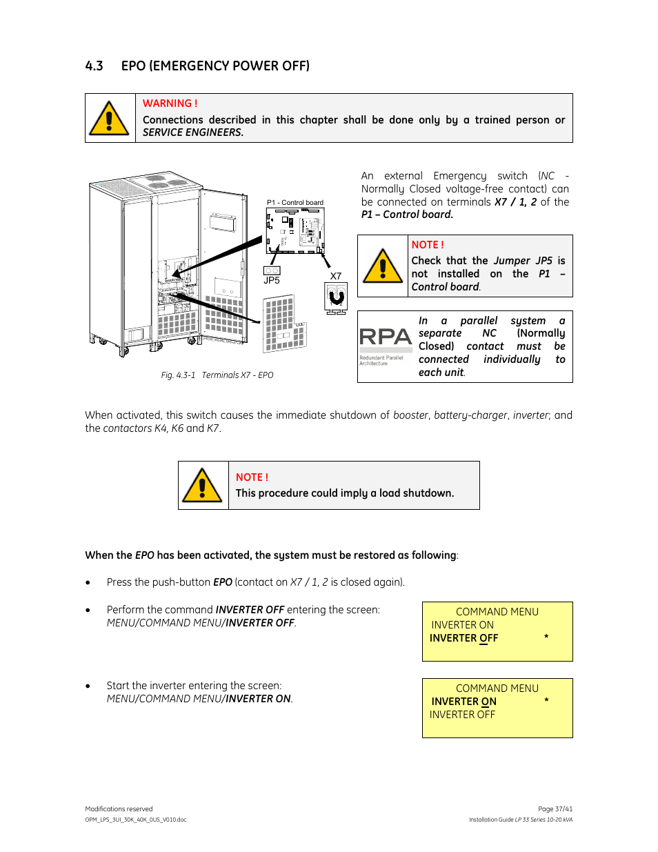 3 epo (emergency power off) | GE Industrial Solutions LP 33 Series 30 & 40 kVA Installation Guide User Manual | Page 37 / 41