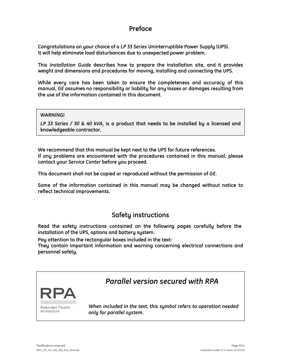 Parallel version secured with rpa, Preface, Safety instructions | GE Industrial Solutions LP 33 Series 30 & 40 kVA Installation Guide User Manual | Page 4 / 41