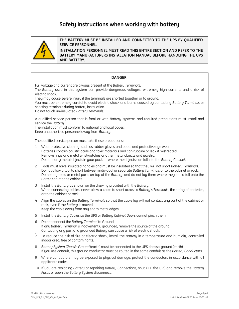 Safety instructions when working with battery, Danger | GE Industrial Solutions LP 33 Series 30 & 40 kVA Installation Guide User Manual | Page 8 / 41