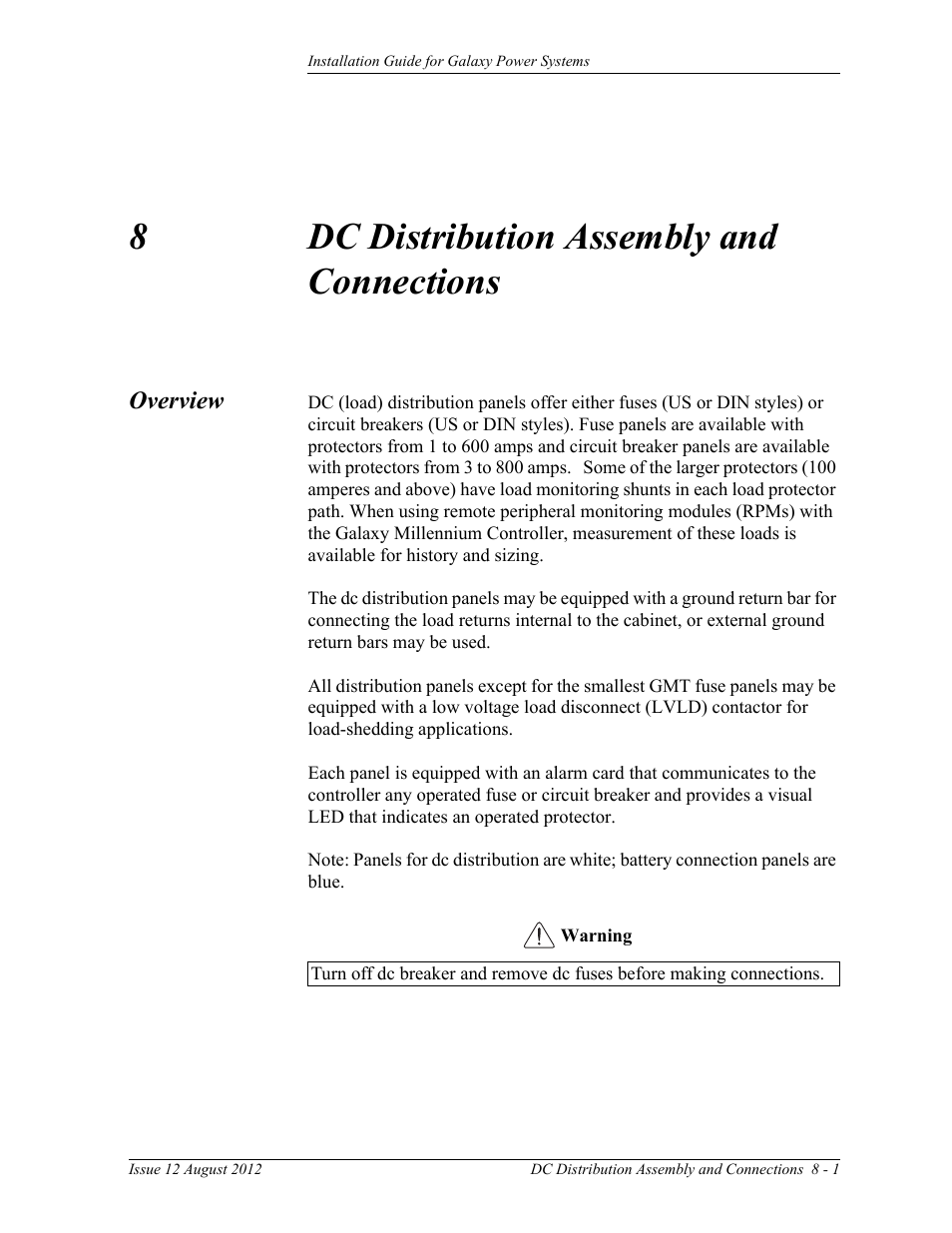 Dc distribution assembly and connections, Overview, 8 dc distribution assembly and connections | Overview 8-1, 8dc distribution assembly and connections | GE Industrial Solutions Galaxy Power Systems User Manual | Page 115 / 220