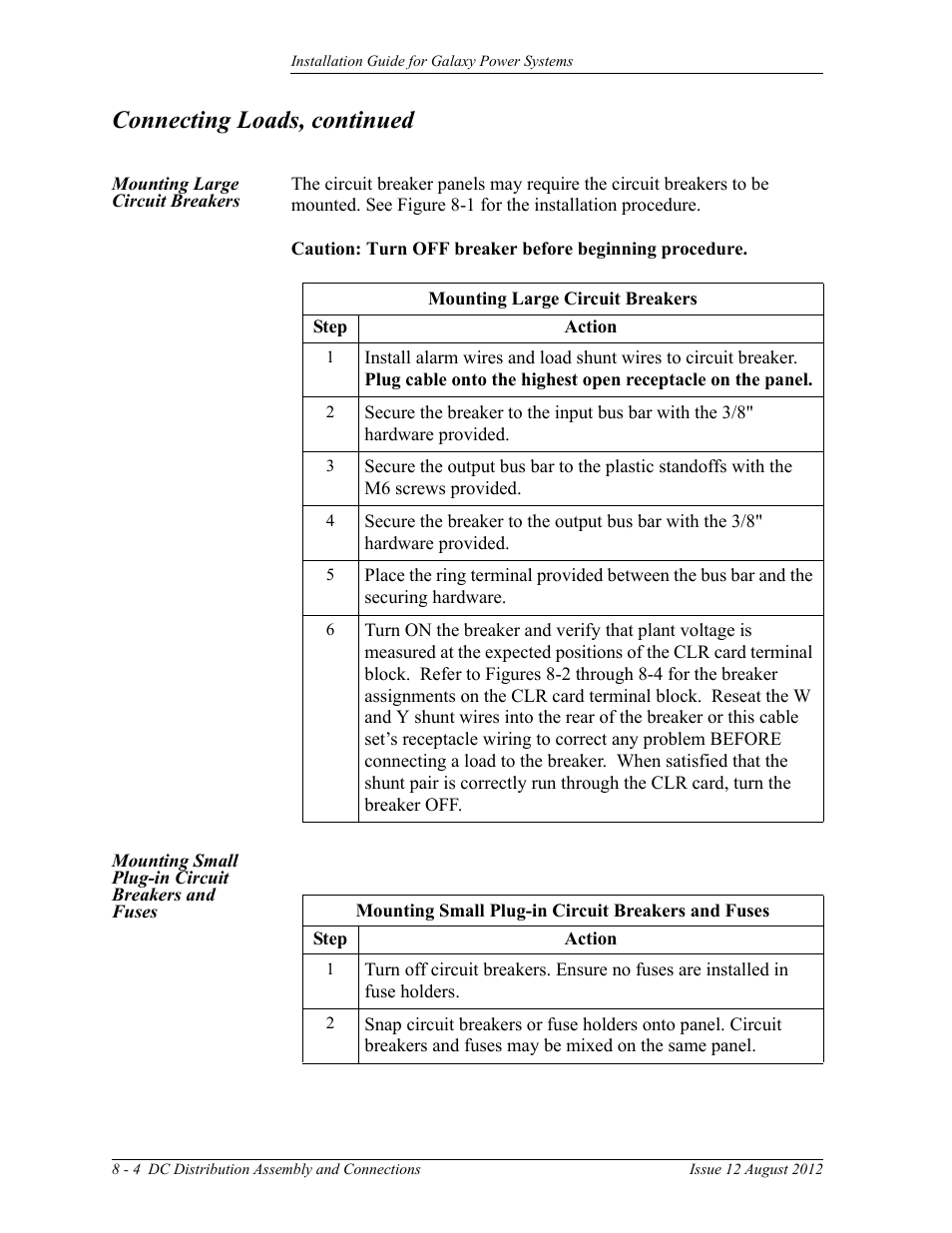 Mounting large circuit breakers, Mounting small plug-in circuit breakers and fuses, Connecting loads, continued | GE Industrial Solutions Galaxy Power Systems User Manual | Page 118 / 220
