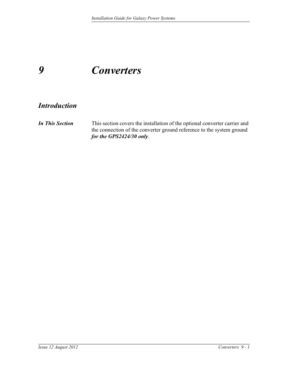 Converters, Introduction, 9 converters | Introduction 9-1, 9converters | GE Industrial Solutions Galaxy Power Systems User Manual | Page 135 / 220