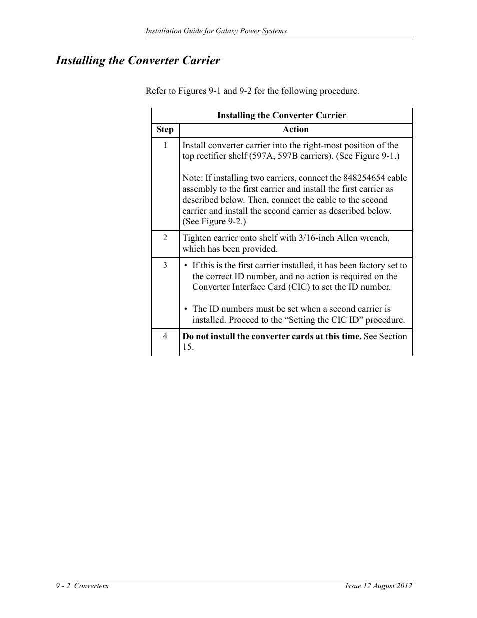 Installing the converter carrier | GE Industrial Solutions Galaxy Power Systems User Manual | Page 136 / 220