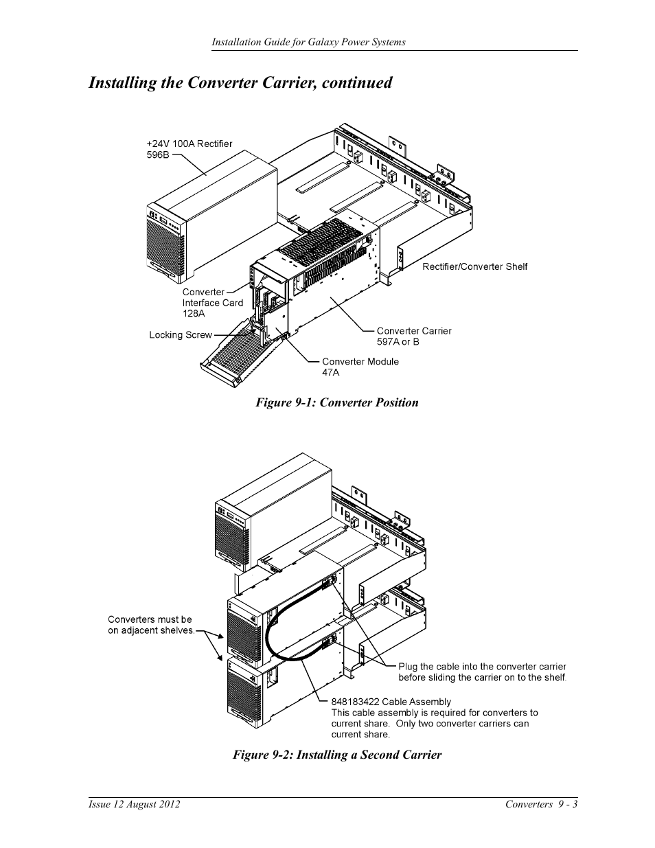 Figure 9-1: converter position, Figure 9-2: installing a second carrier, Installing the converter carrier, continued | GE Industrial Solutions Galaxy Power Systems User Manual | Page 137 / 220