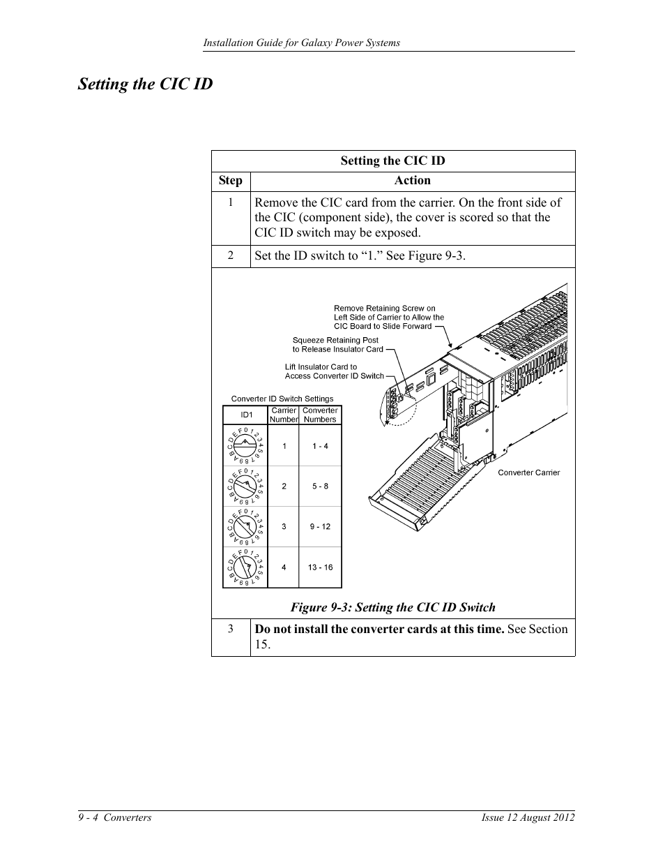 Setting the cic id, Figure 9-3: setting the cic id switch | GE Industrial Solutions Galaxy Power Systems User Manual | Page 138 / 220