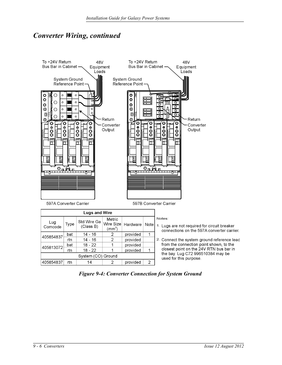 Figure 9-4: converter connection for system ground, Converter wiring, continued | GE Industrial Solutions Galaxy Power Systems User Manual | Page 140 / 220