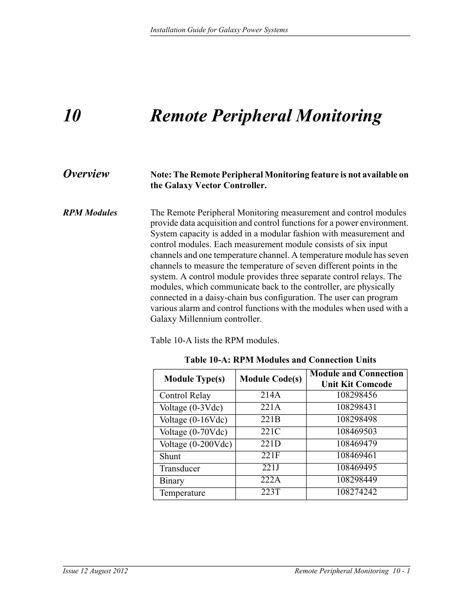 Remote peripheral monitoring, Overview, Rpm modules | 10 remote peripheral monitoring, Overview 10-1, Table 10-a: rpm modules and connection units | GE Industrial Solutions Galaxy Power Systems User Manual | Page 143 / 220