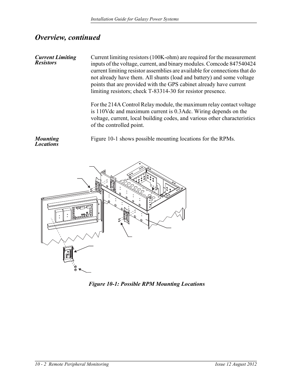 Current limiting resistors, Mounting locations, Figure 10-1: possible rpm mounting locations | Overview, continued | GE Industrial Solutions Galaxy Power Systems User Manual | Page 144 / 220