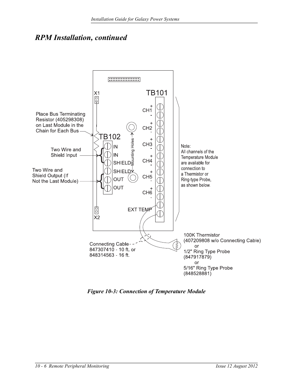 Figure 10-3: connection of temperature module, Rpm installation, continued | GE Industrial Solutions Galaxy Power Systems User Manual | Page 148 / 220