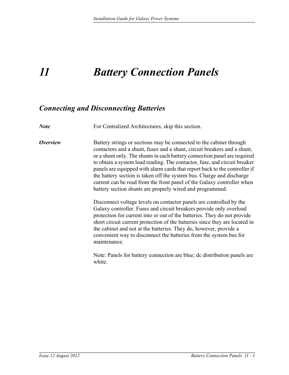 Battery connection panels, Connecting and disconnecting batteries, 11 battery connection panels | GE Industrial Solutions Galaxy Power Systems User Manual | Page 153 / 220