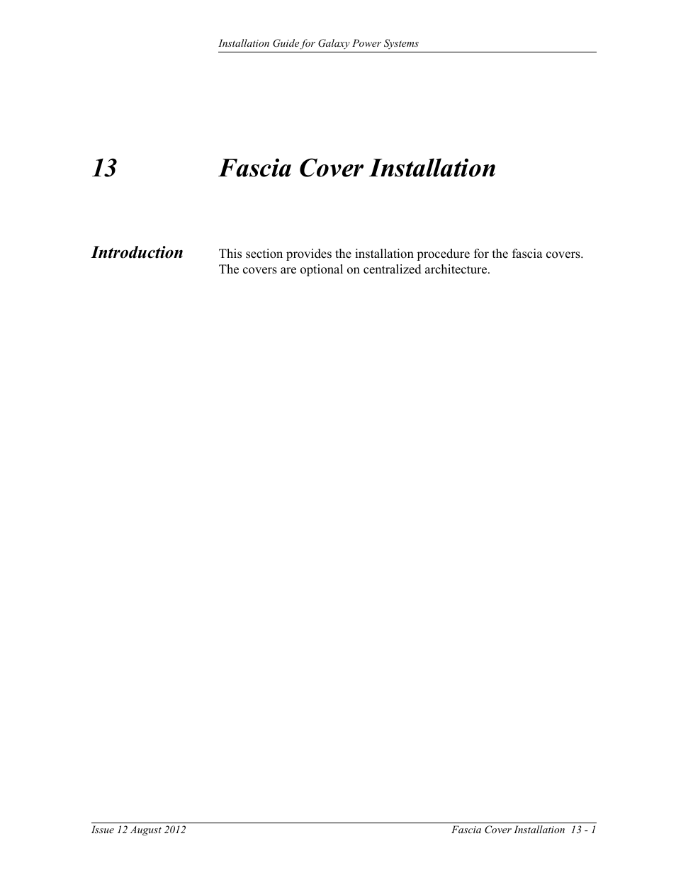 Fascia cover installation, Introduction, 13 fascia cover installation | Introduction 13-1 | GE Industrial Solutions Galaxy Power Systems User Manual | Page 179 / 220