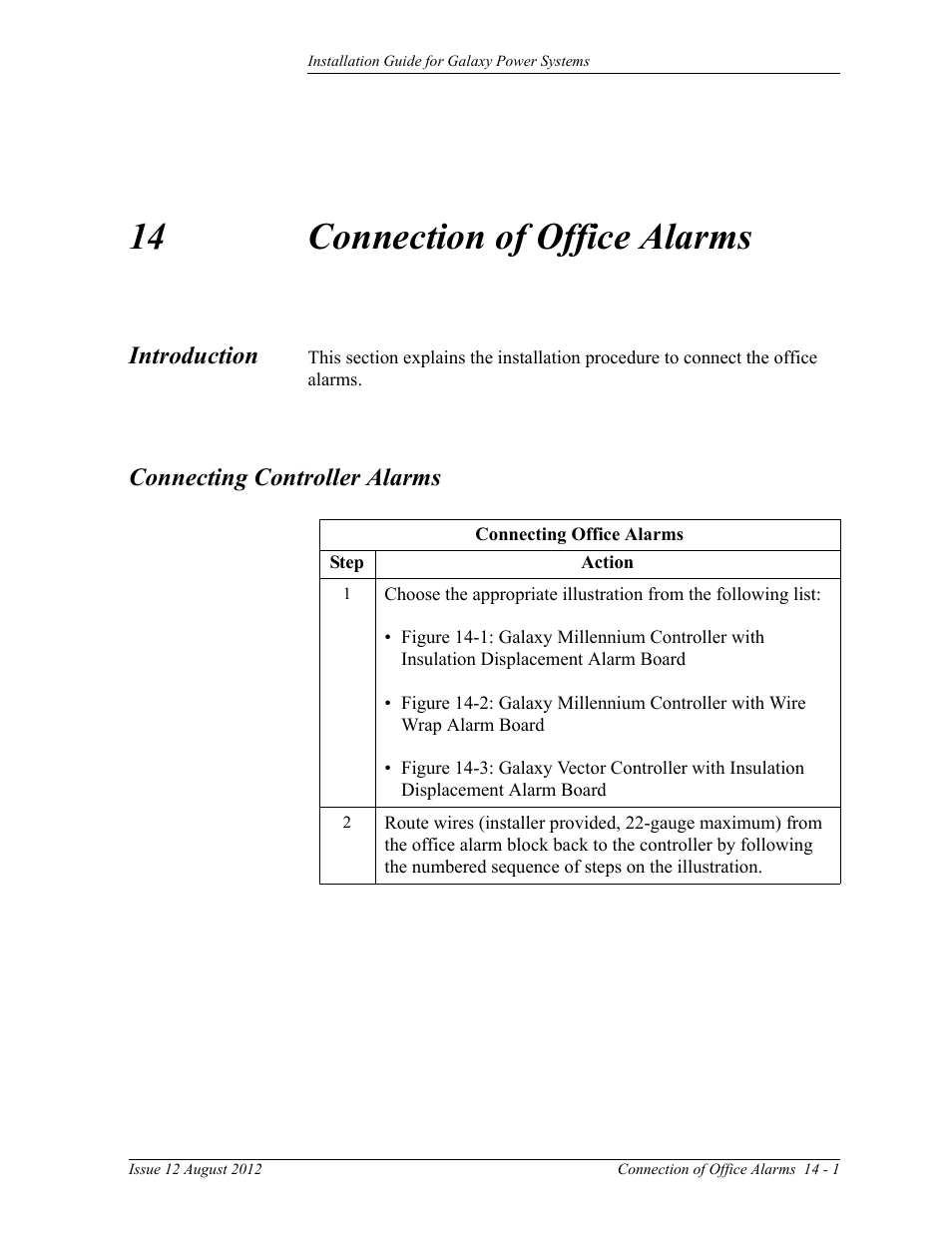 Connection of office alarms, Introduction, Connecting controller alarms | 14 connection of office alarms, Introduction 14-1 connecting controller alarms | GE Industrial Solutions Galaxy Power Systems User Manual | Page 181 / 220