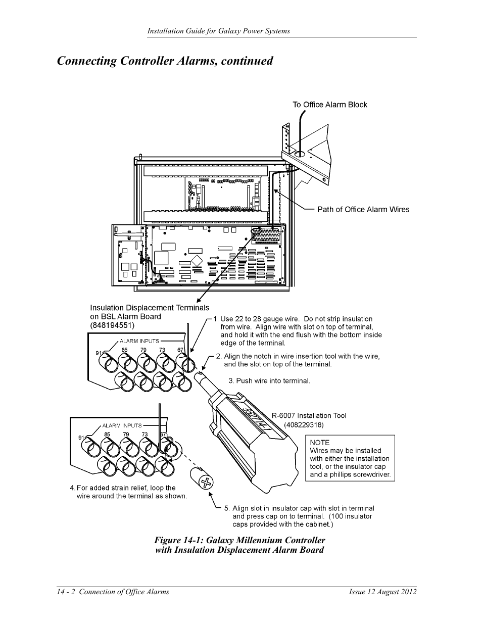 Figure 14-1: galaxy millennium controller, With insulation displacement alarm board, Connecting controller alarms, continued | GE Industrial Solutions Galaxy Power Systems User Manual | Page 182 / 220