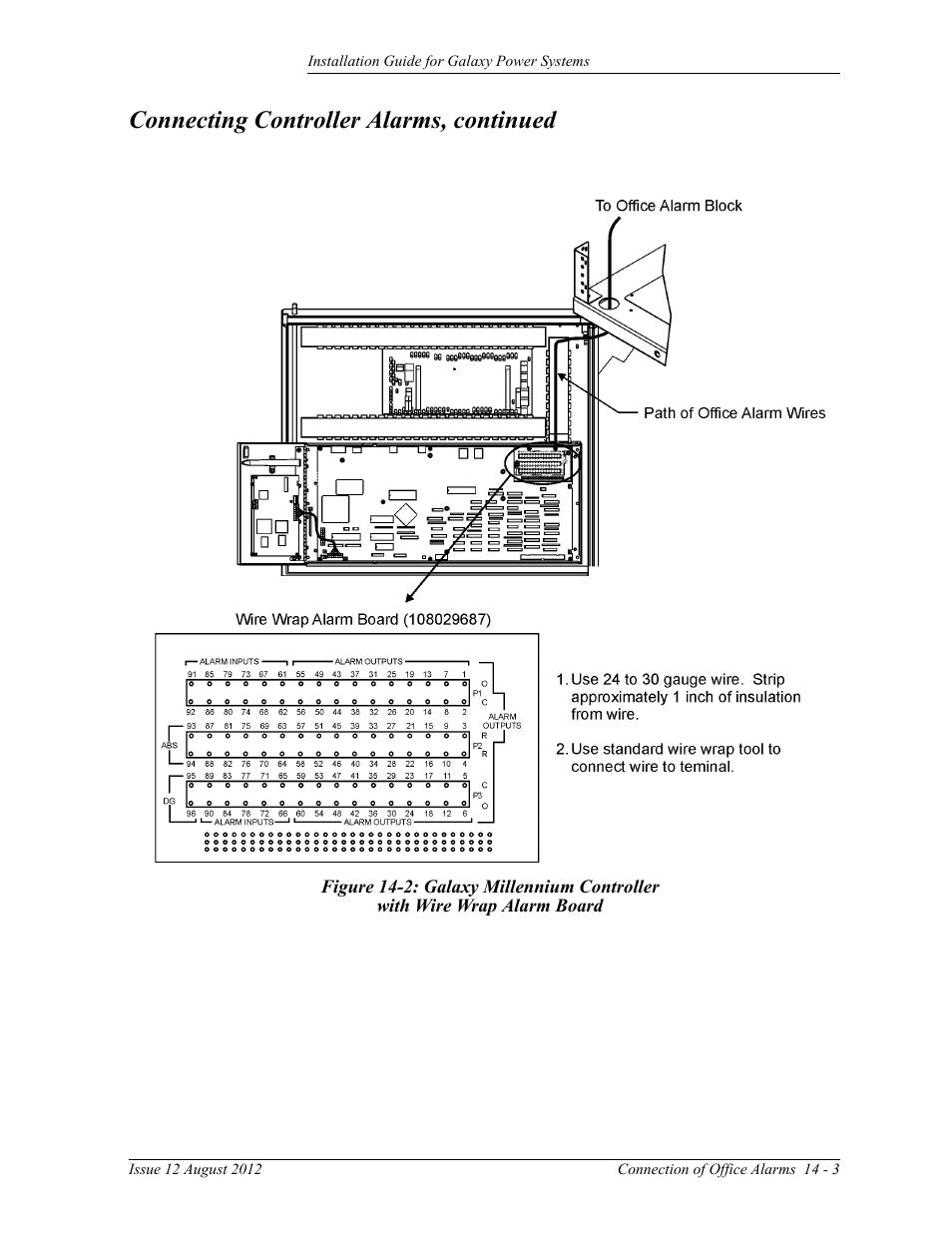 Figure 14-2: galaxy millennium controller, With wire wrap alarm board, Connecting controller alarms, continued | GE Industrial Solutions Galaxy Power Systems User Manual | Page 183 / 220