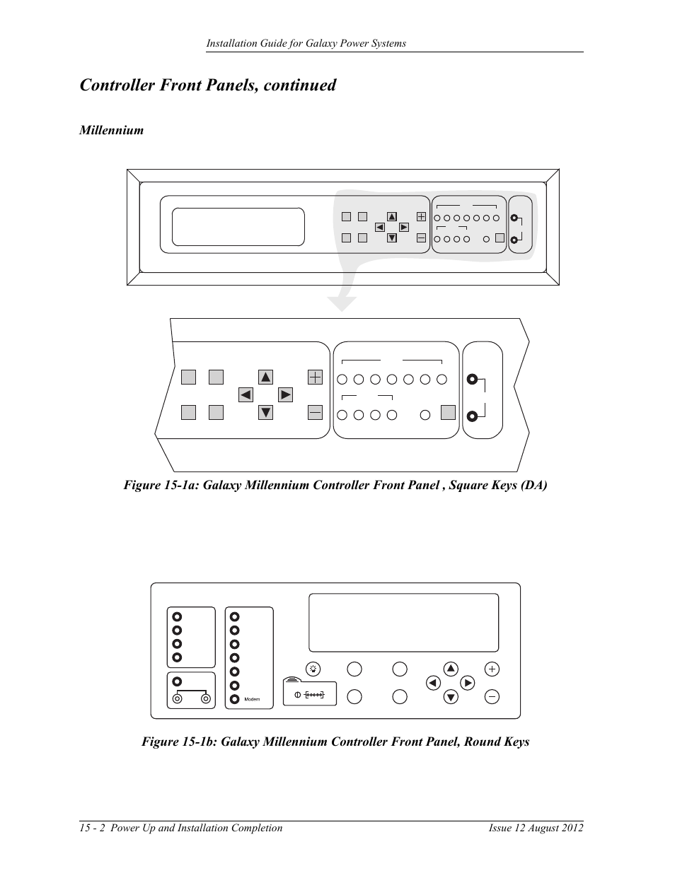 Millennium, Millennium 15-2, Controller front panels, continued | Galaxy millennium controller | GE Industrial Solutions Galaxy Power Systems User Manual | Page 186 / 220