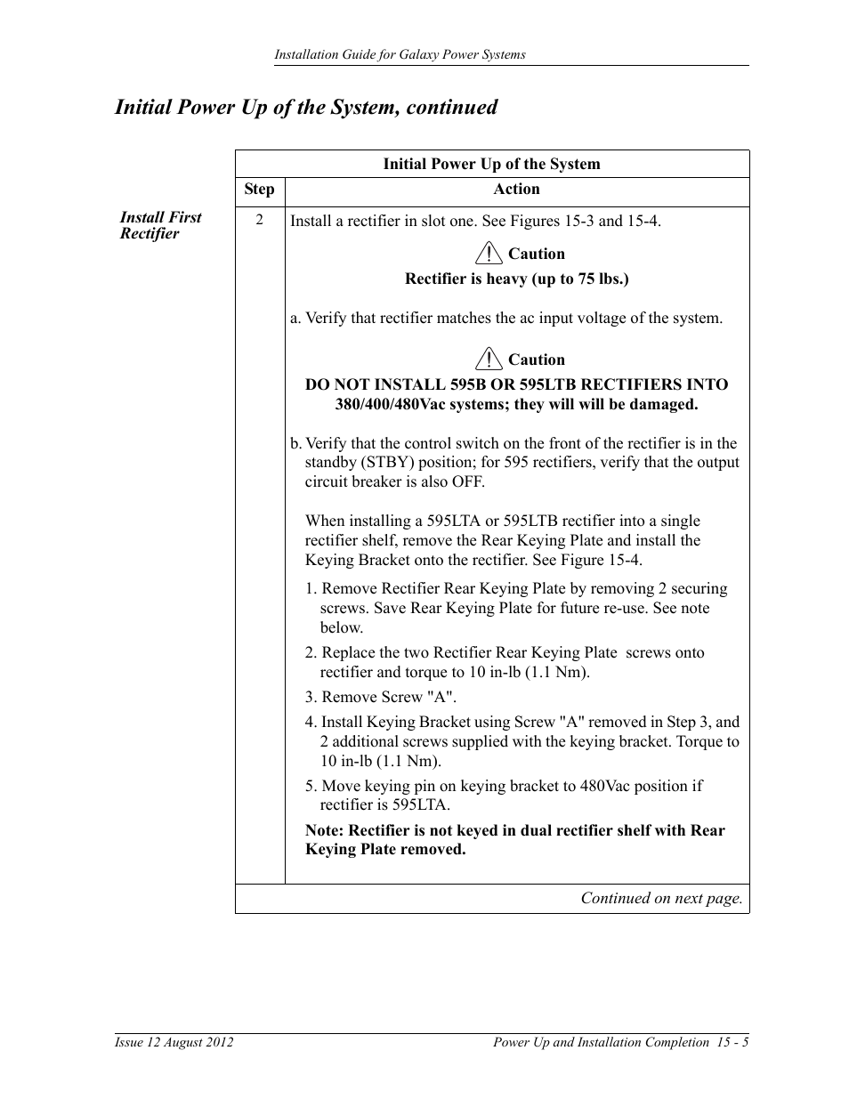 Install first rectifier, Initial power up of the system, continued | GE Industrial Solutions Galaxy Power Systems User Manual | Page 189 / 220