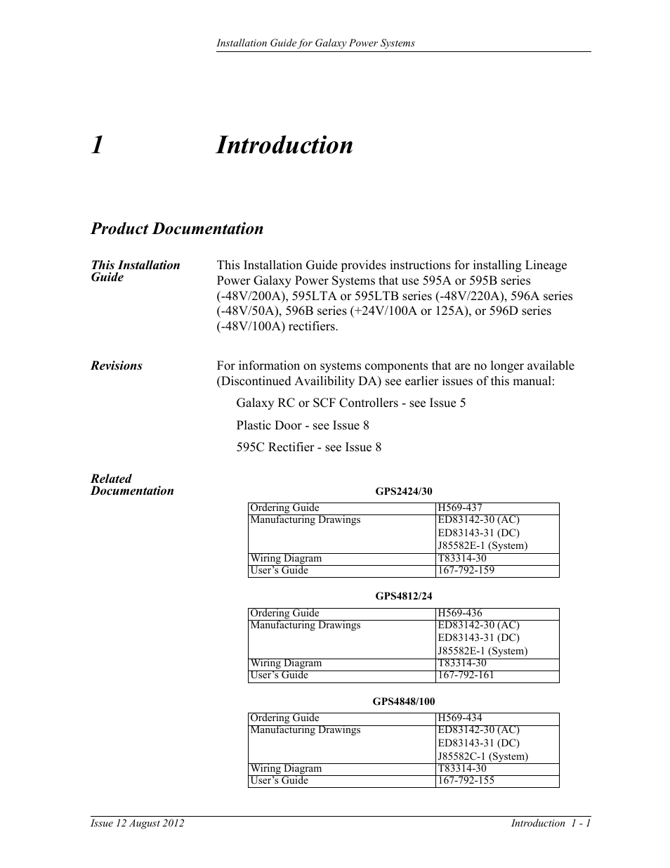 Introduction, Product documentation, This installation guide | Revisions, Related documentation, 1 introduction, Revisions 1-1 related documentation, 1introduction | GE Industrial Solutions Galaxy Power Systems User Manual | Page 19 / 220