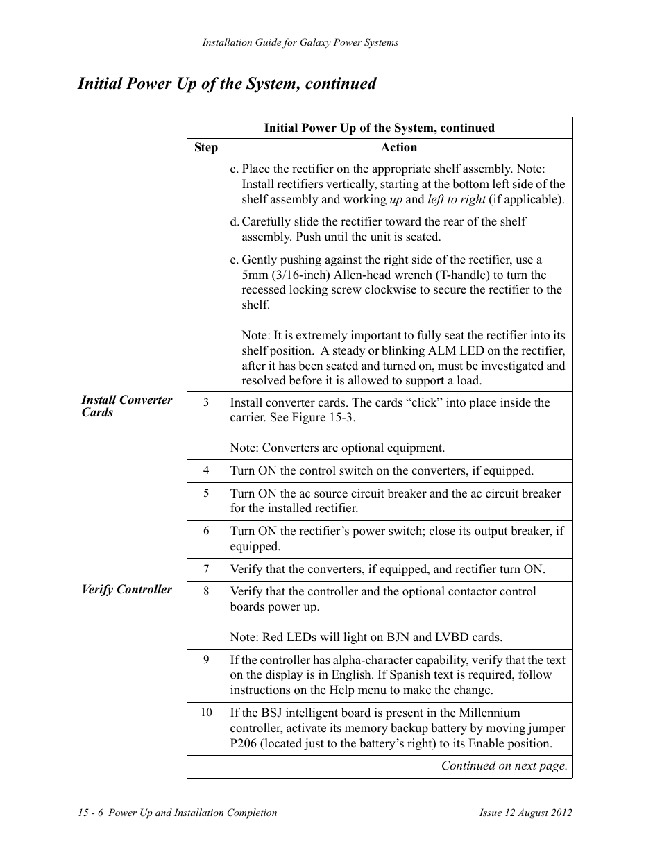 Install converter cards, Verify controller, Initial power up of the system, continued | GE Industrial Solutions Galaxy Power Systems User Manual | Page 190 / 220