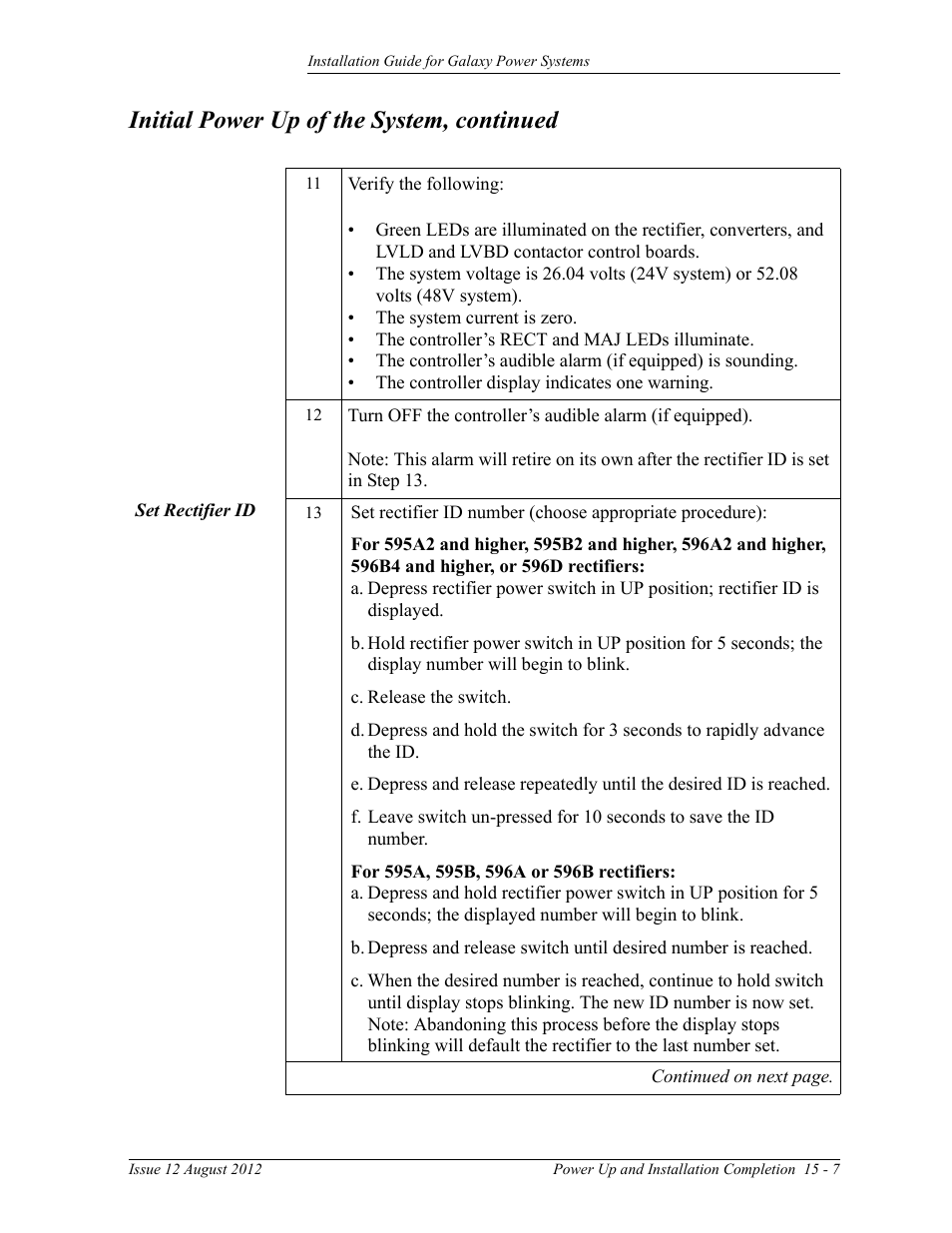 Set rectifier id, Initial power up of the system, continued | GE Industrial Solutions Galaxy Power Systems User Manual | Page 191 / 220