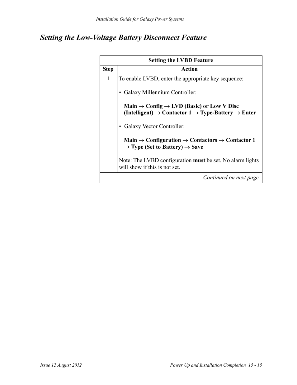 Setting the low-voltage battery disconnect feature | GE Industrial Solutions Galaxy Power Systems User Manual | Page 199 / 220