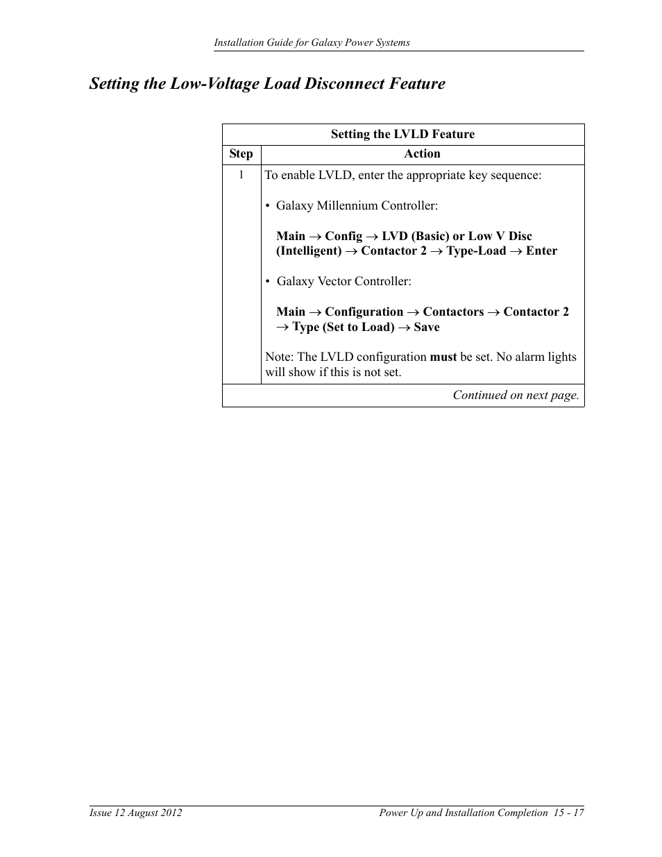 Setting the low-voltage load disconnect feature | GE Industrial Solutions Galaxy Power Systems User Manual | Page 201 / 220
