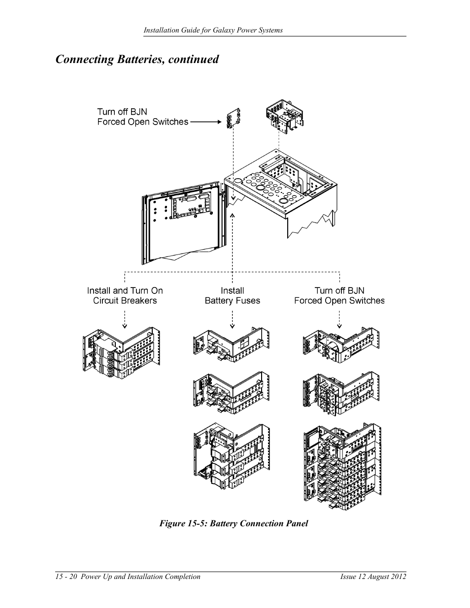 Figure 15-5: battery connection panel, Connecting batteries, continued | GE Industrial Solutions Galaxy Power Systems User Manual | Page 204 / 220