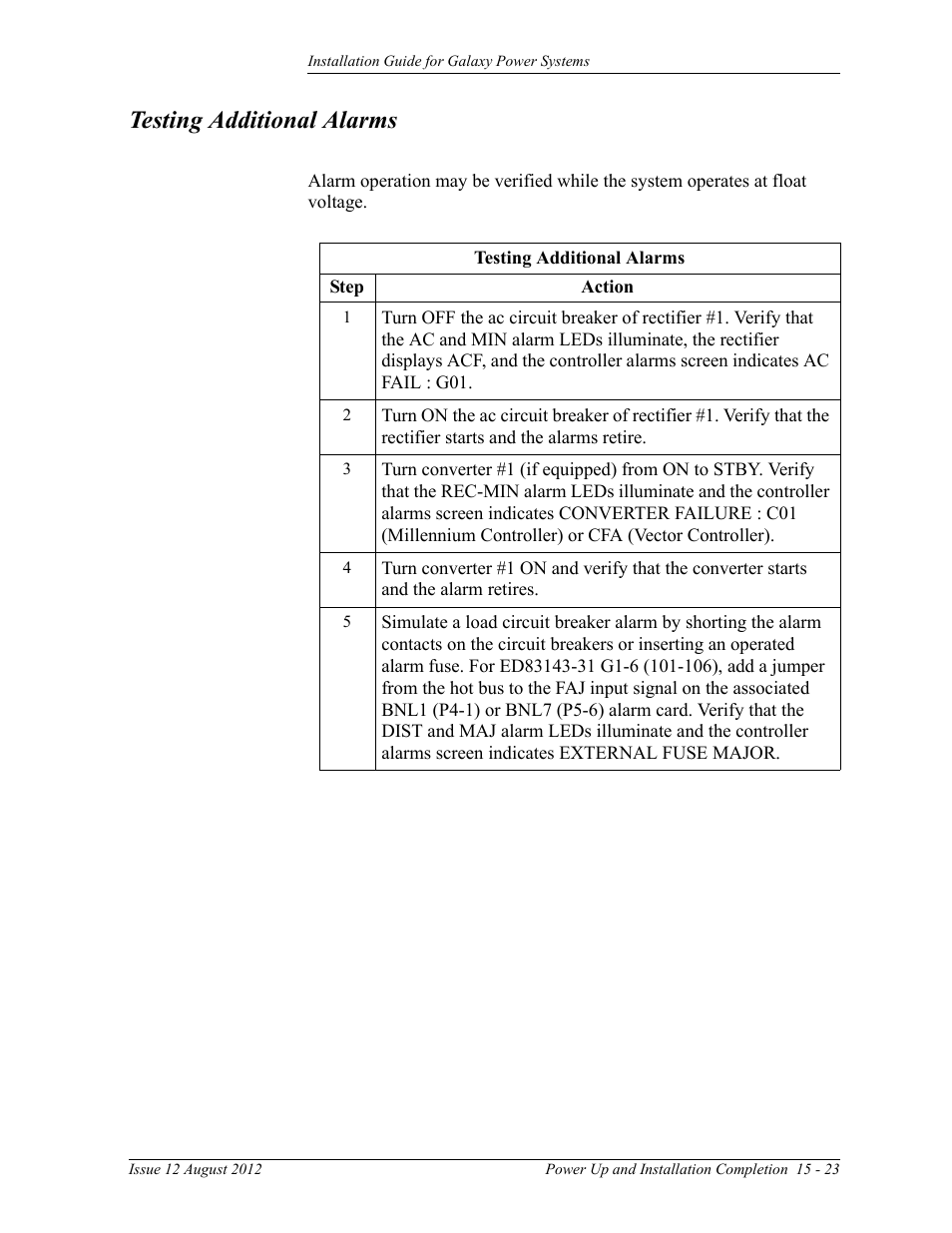 Testing additional alarms | GE Industrial Solutions Galaxy Power Systems User Manual | Page 207 / 220