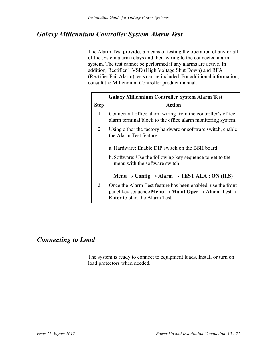 Galaxy millennium controller system alarm test, Connecting to load | GE Industrial Solutions Galaxy Power Systems User Manual | Page 209 / 220