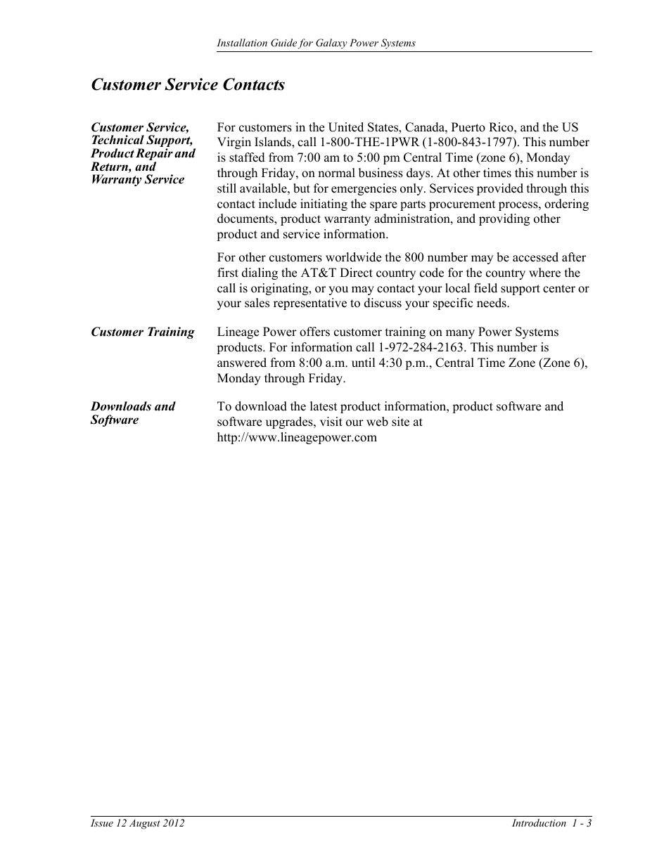Customer service contacts, Customer training, Downloads and software | And warranty service | GE Industrial Solutions Galaxy Power Systems User Manual | Page 21 / 220
