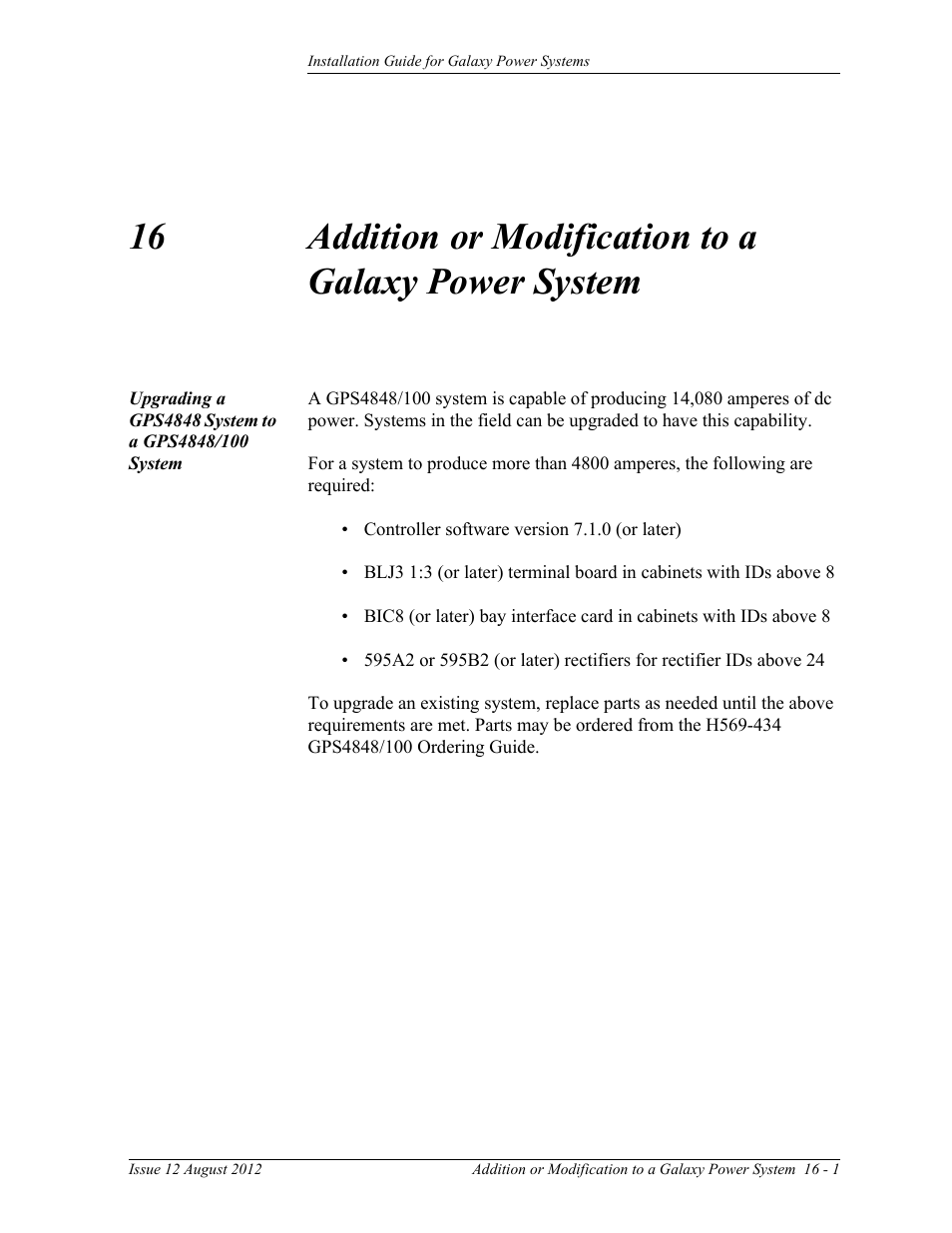 Addition or modification to a galaxy power system, Upgrading a gps4848 system to a gps4848/100 system, 16 addition or modification to a galaxy power | System | GE Industrial Solutions Galaxy Power Systems User Manual | Page 211 / 220