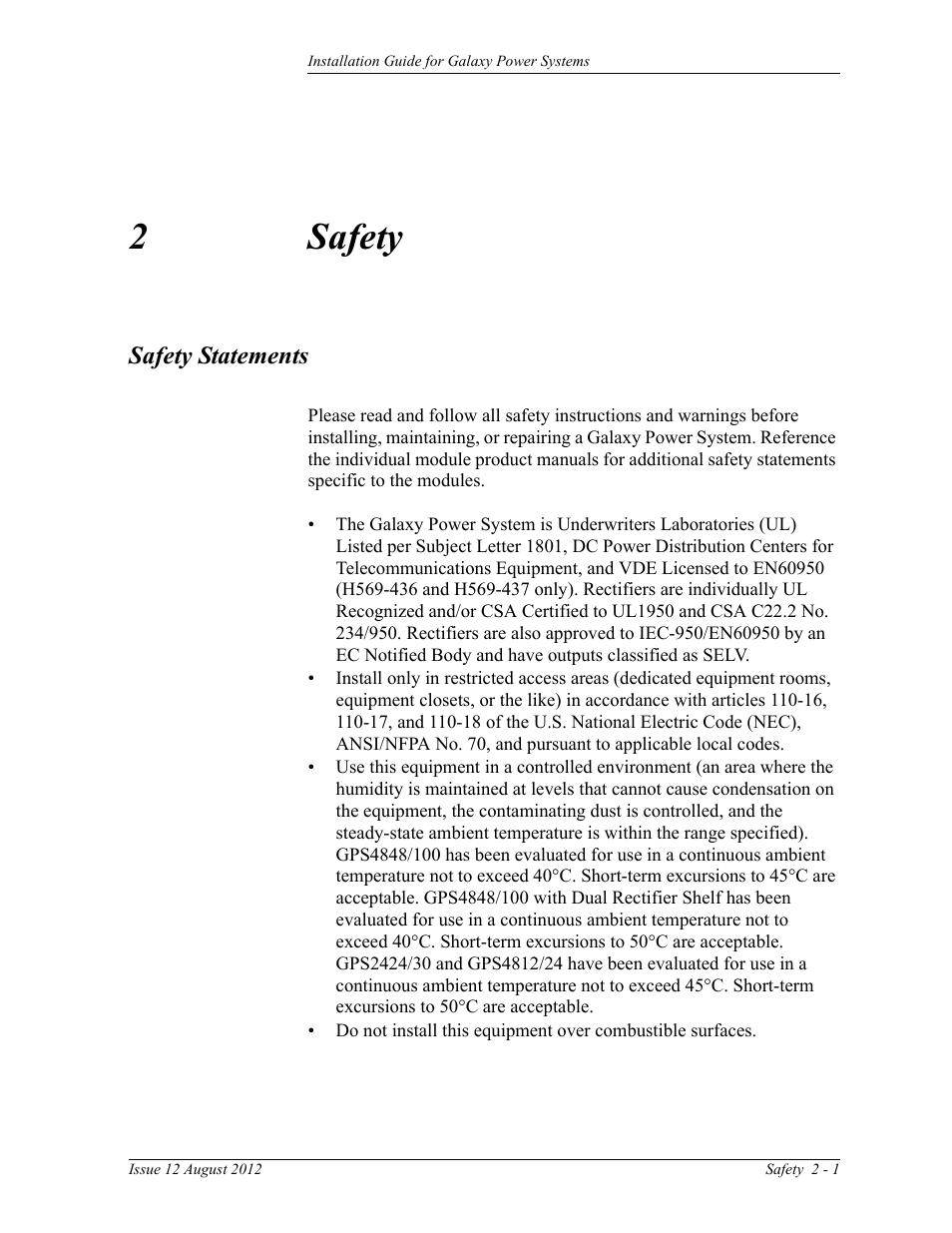 Safety, Safety statements, 2 safety | 2safety | GE Industrial Solutions Galaxy Power Systems User Manual | Page 25 / 220