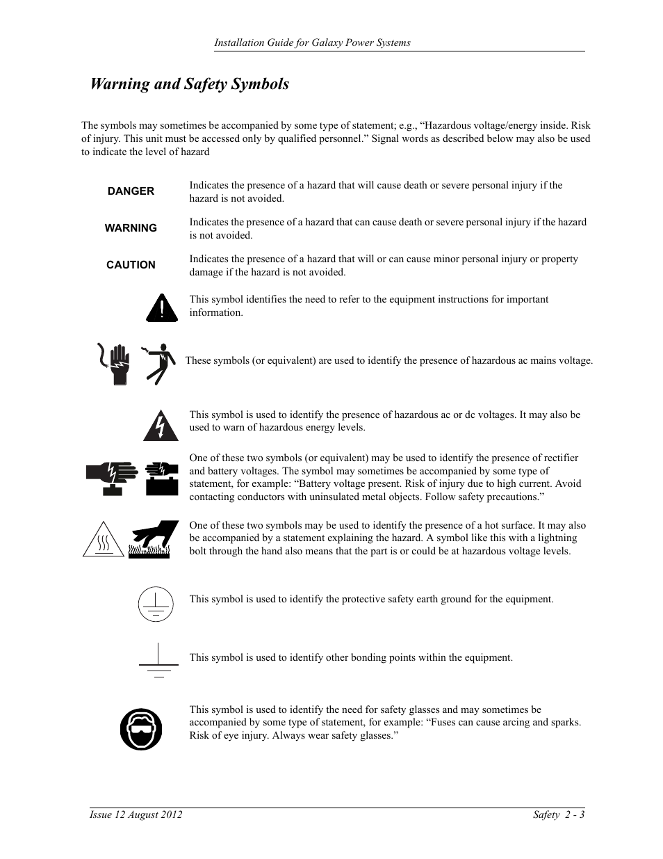 Warning and safety symbols | GE Industrial Solutions Galaxy Power Systems User Manual | Page 27 / 220