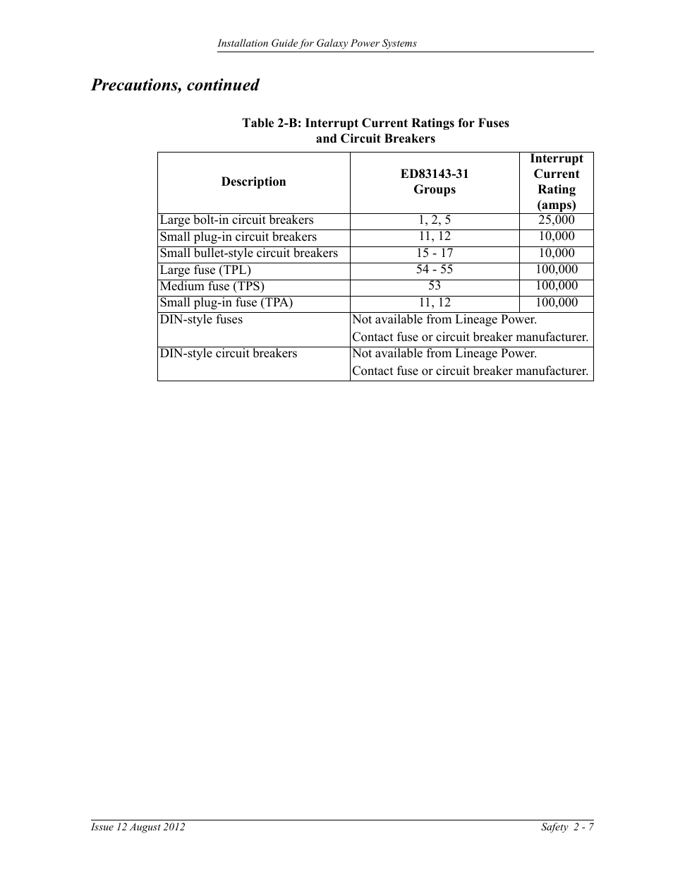 Table 2-b: interrupt current ratings for fuses, And circuit breakers, Precautions, continued | GE Industrial Solutions Galaxy Power Systems User Manual | Page 31 / 220