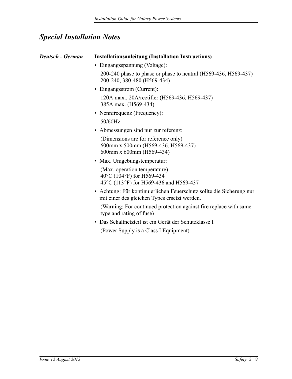 Special installation notes, Deutsch - german | GE Industrial Solutions Galaxy Power Systems User Manual | Page 33 / 220