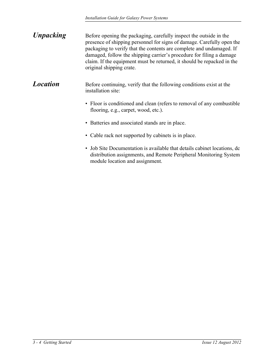 Unpacking, Location, Unpacking 3-4 location 3-4 | GE Industrial Solutions Galaxy Power Systems User Manual | Page 40 / 220