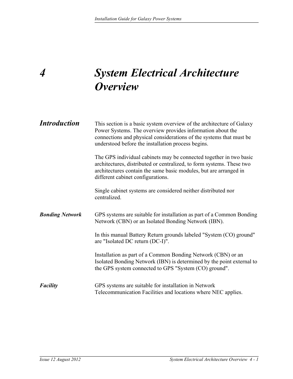 System electrical architecture overview, Introduction, Bonding network | Facility, 4 system electrical architecture overview, Introduction 4-1, Facility 4-1, 4system electrical architecture overview | GE Industrial Solutions Galaxy Power Systems User Manual | Page 41 / 220