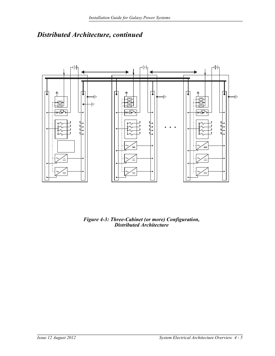 Figure 4-3: three-cabinet (or more) configuration, Distributed architecture, Distributed architecture, continued | GE Industrial Solutions Galaxy Power Systems User Manual | Page 45 / 220