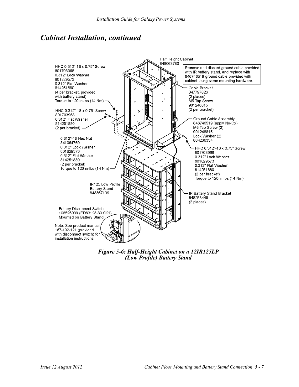 Figure 5-6: half-height cabinet on a 12ir125lp, Low profile) battery stand, Cabinet installation, continued | GE Industrial Solutions Galaxy Power Systems User Manual | Page 53 / 220