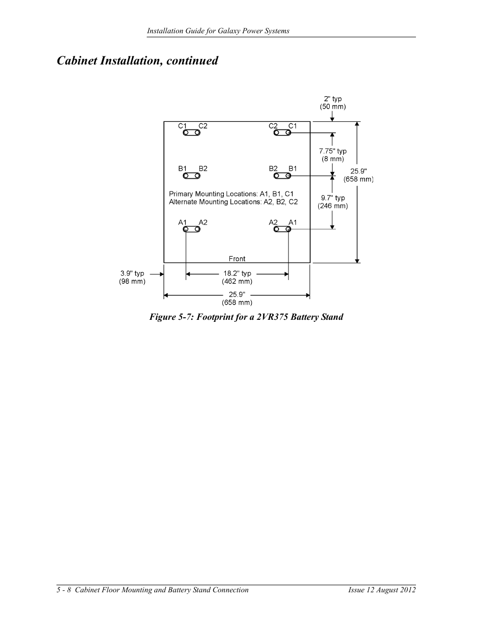 Figure 5-7: footprint for a 2vr375 battery stand, Cabinet installation, continued | GE Industrial Solutions Galaxy Power Systems User Manual | Page 54 / 220