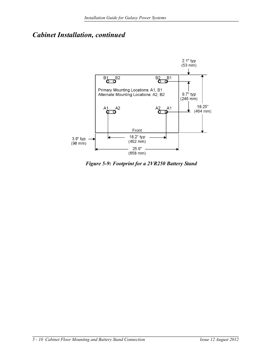Figure 5-9: footprint for a 2vr250 battery stand, Cabinet installation, continued | GE Industrial Solutions Galaxy Power Systems User Manual | Page 56 / 220