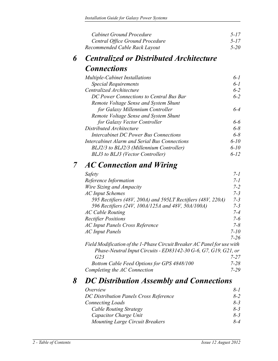 7 ac connection and wiring, 8 dc distribution assembly and connections | GE Industrial Solutions Galaxy Power Systems User Manual | Page 6 / 220