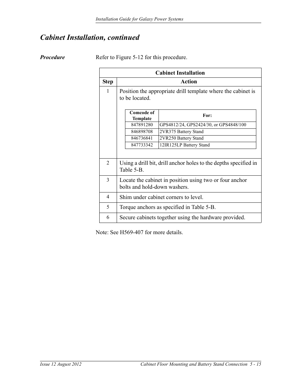 Procedure, Procedure 5-15, Cabinet installation, continued | GE Industrial Solutions Galaxy Power Systems User Manual | Page 61 / 220