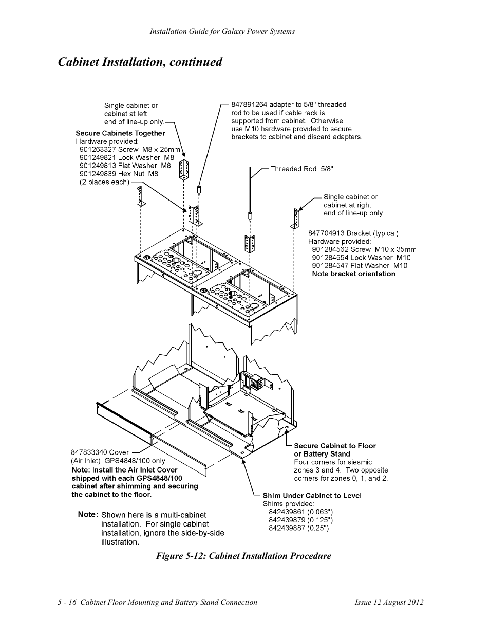 Figure 5-12: cabinet installation procedure, Cabinet installation, continued | GE Industrial Solutions Galaxy Power Systems User Manual | Page 62 / 220