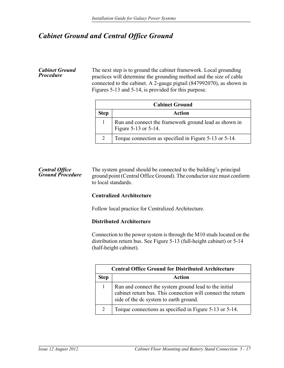Cabinet ground and central office ground, Cabinet ground procedure, Central office ground procedure | GE Industrial Solutions Galaxy Power Systems User Manual | Page 63 / 220