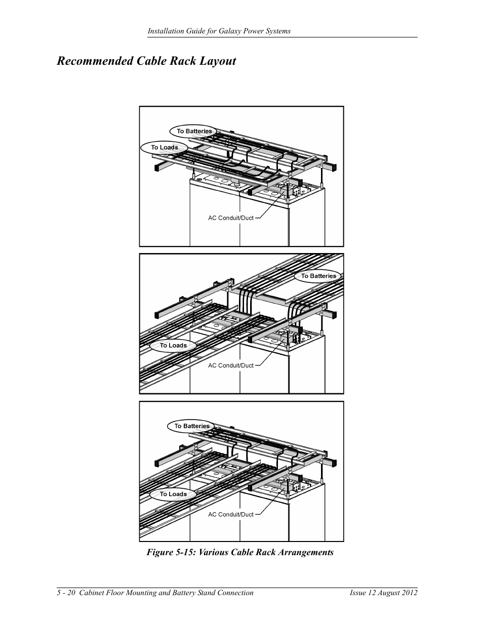 Recommended cable rack layout, Figure 5-15: various cable rack arrangements | GE Industrial Solutions Galaxy Power Systems User Manual | Page 66 / 220