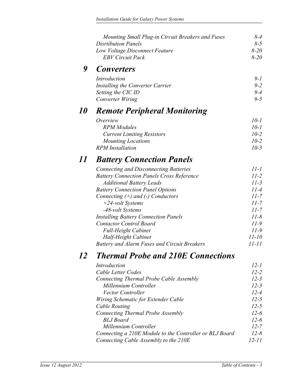 9 converters, 10 remote peripheral monitoring, 11 battery connection panels | GE Industrial Solutions Galaxy Power Systems User Manual | Page 7 / 220