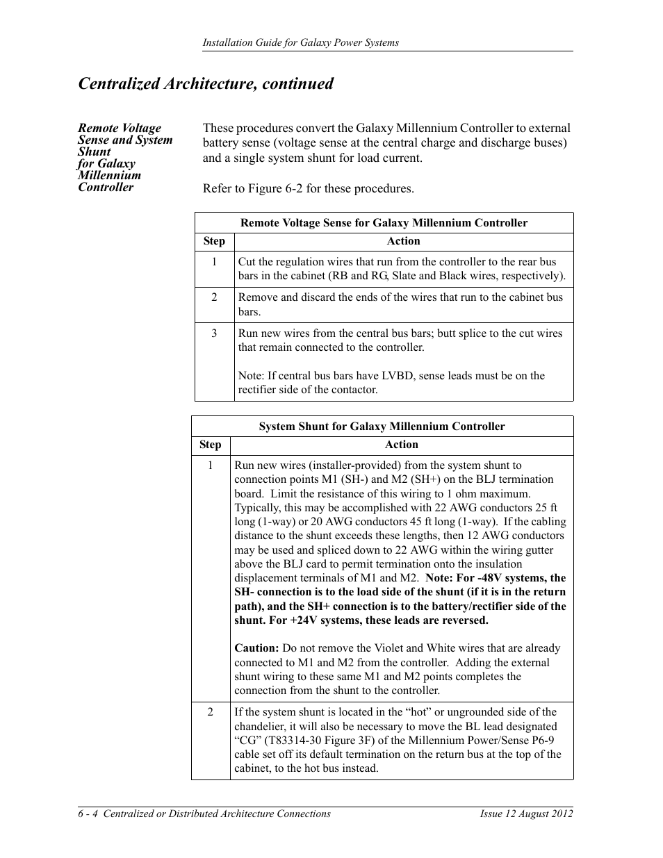 Remote voltage sense and system shunt, For galaxy millennium controller, Centralized architecture, continued | GE Industrial Solutions Galaxy Power Systems User Manual | Page 72 / 220