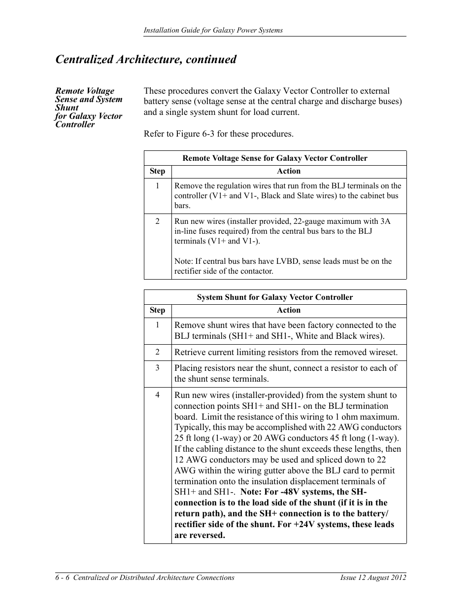 Remote voltage sense and system shunt, For galaxy vector controller, Centralized architecture, continued | GE Industrial Solutions Galaxy Power Systems User Manual | Page 74 / 220