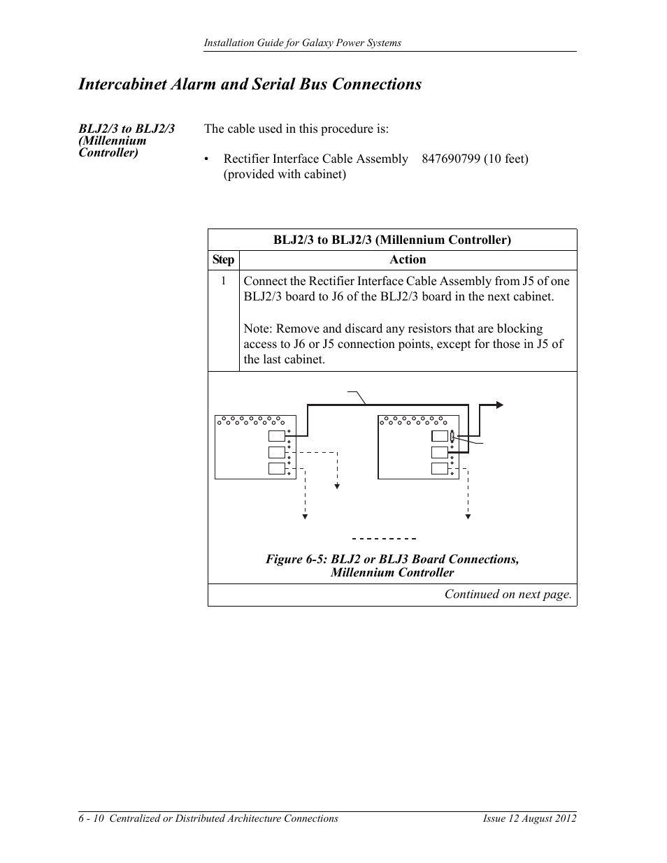 Intercabinet alarm and serial bus connections, Blj2/3 to blj2/3 (millennium controller), Figure 6-5: blj2 or blj3 board connections | Millennium controller | GE Industrial Solutions Galaxy Power Systems User Manual | Page 78 / 220